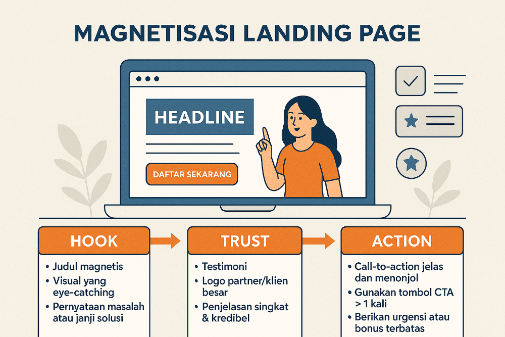Panduan lengkap membuat landing page magnetis untuk digital marketer pemula hingga ahli. Strategi HOOK–TRUST–ACTION, desain psikologis, tools gratis, dan studi kasus sukses.