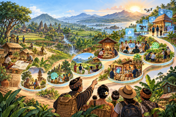 Road map merintis desa wisata dari nol hingga maju melalui Hanacaraka, kearifan lokal n-JAWA-ni, transformasi digital, dan kecerdasan buatan.
