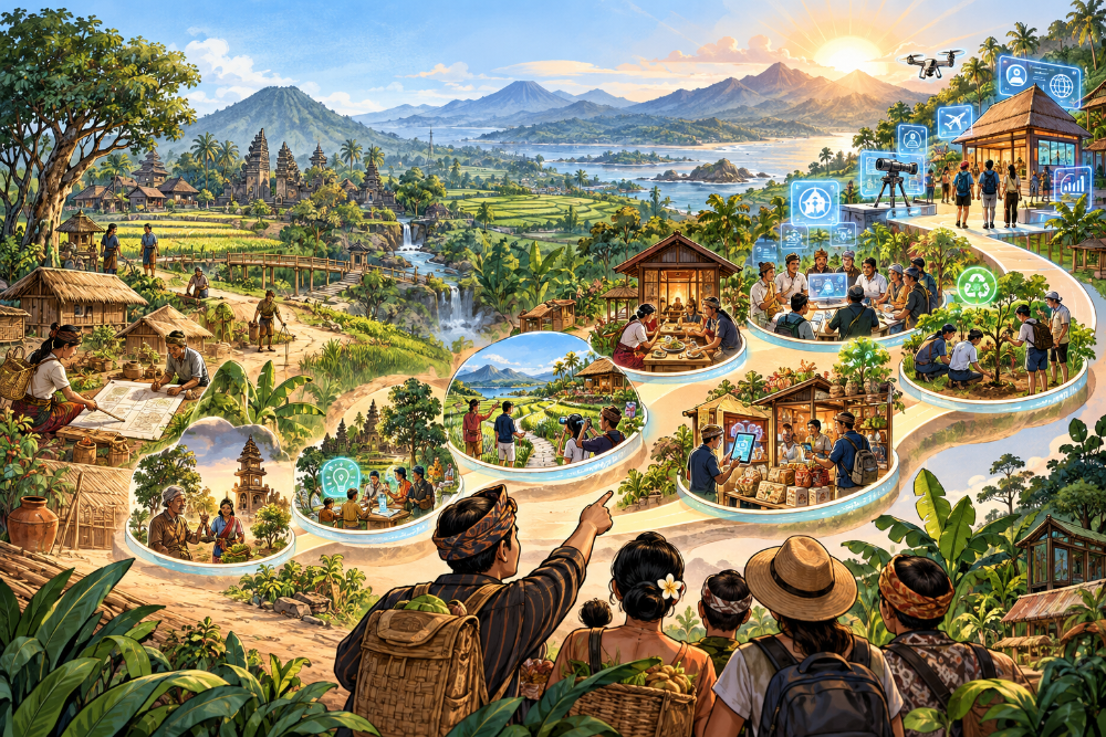 Road map merintis desa wisata dari nol hingga maju melalui Hanacaraka, kearifan lokal n-JAWA-ni, transformasi digital, dan kecerdasan buatan.