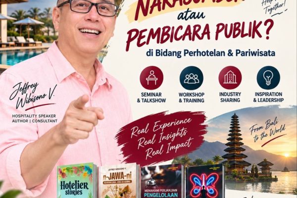Saya terbuka untuk berkolaborasi dalam seminar, executive talk, talkshow, workshop, training, maupun industry sharing, dengan topik yang dapat disesuaikan dengan kebutuhan audiens, antara lain: Hotel Operations & Management • Pre-Opening & Project Development • Sales & Marketing Strategy • Service Excellence & Guest Experience • Hospitality Branding & Rebranding • Leadership & Team Development • Tourism & Hospitality Trends • Career & Life Lessons from the Field