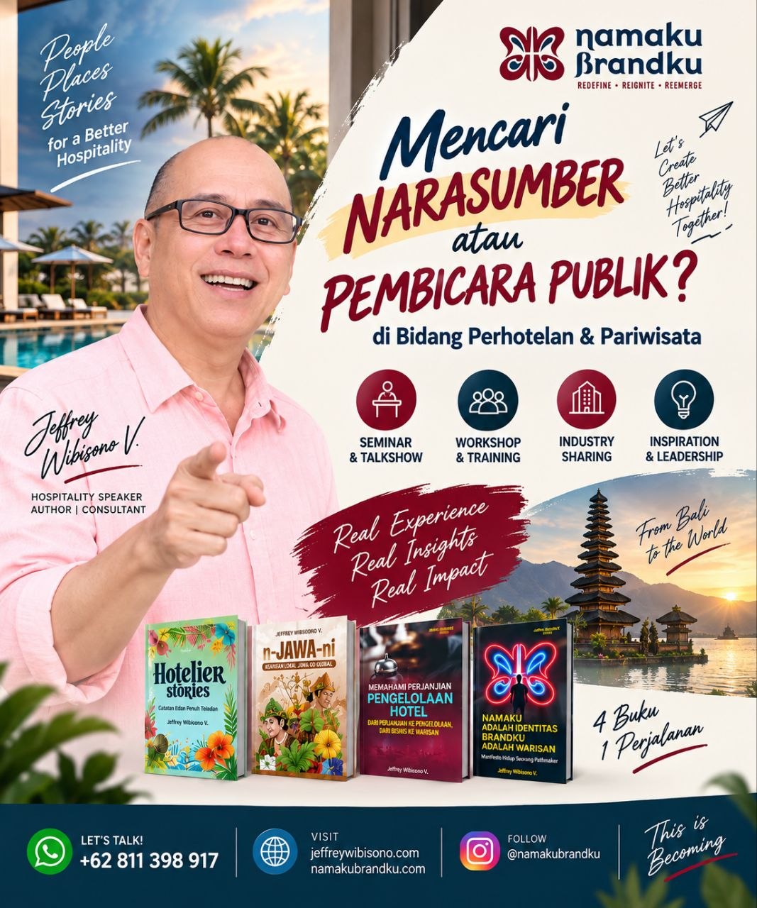 Saya terbuka untuk berkolaborasi dalam seminar, executive talk, talkshow, workshop, training, maupun industry sharing, dengan topik yang dapat disesuaikan dengan kebutuhan audiens, antara lain: Hotel Operations & Management • Pre-Opening & Project Development • Sales & Marketing Strategy • Service Excellence & Guest Experience • Hospitality Branding & Rebranding • Leadership & Team Development • Tourism & Hospitality Trends • Career & Life Lessons from the Field